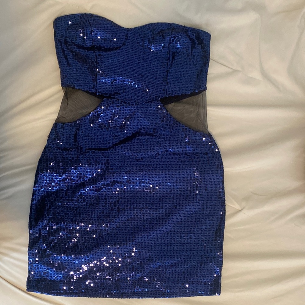 Blue sequins, sweet heart, tube top dress with black mesh see though sides.